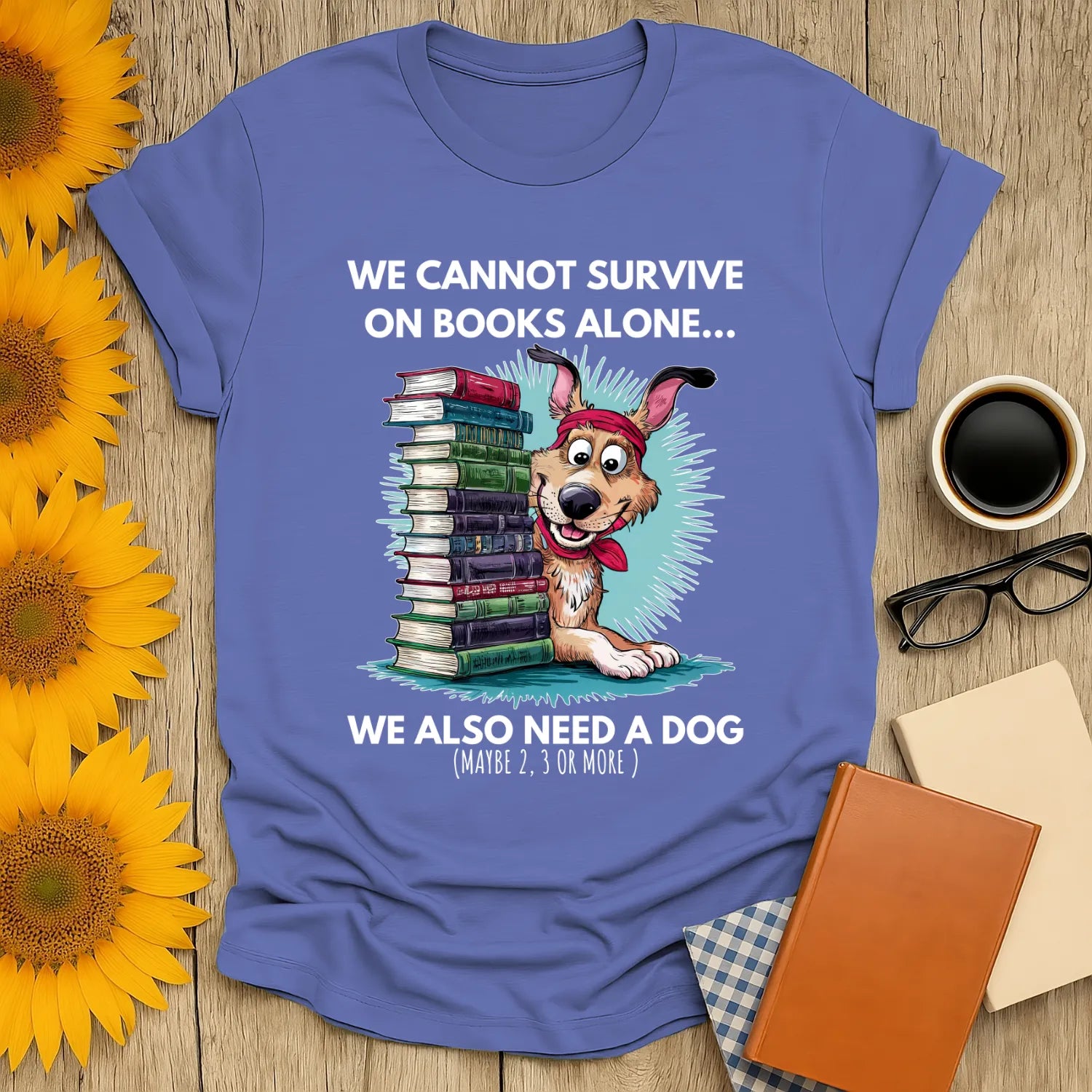 alt_tag: Books & Dogs, Perfect Combo T-Shirt featuring a cheerful dog and books design, perfect for readers, gift for bibliophiles.