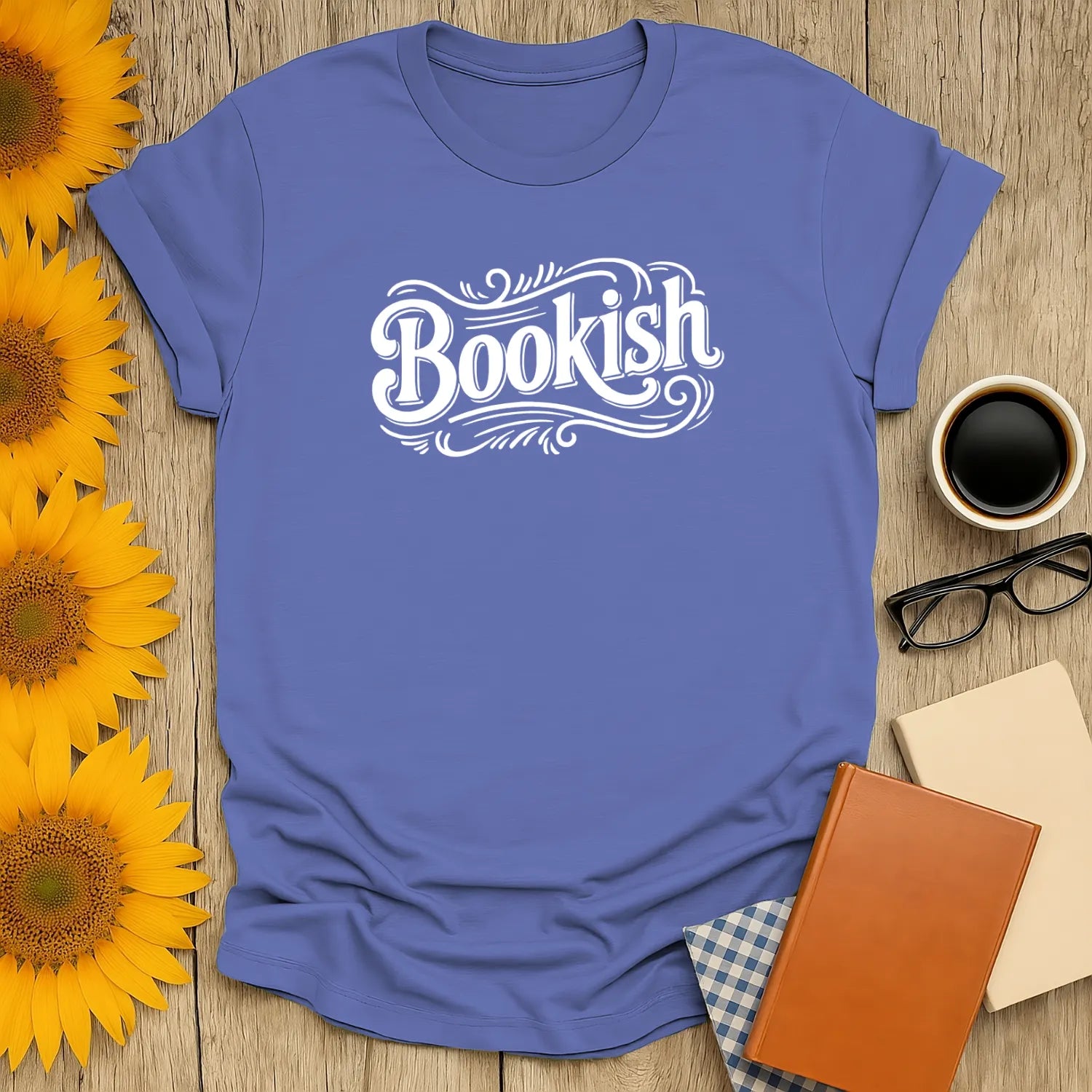 Cozy 'Bookish' T-shirt in soft purple, perfect gift for book lovers who adore cats, coffee, and tea.