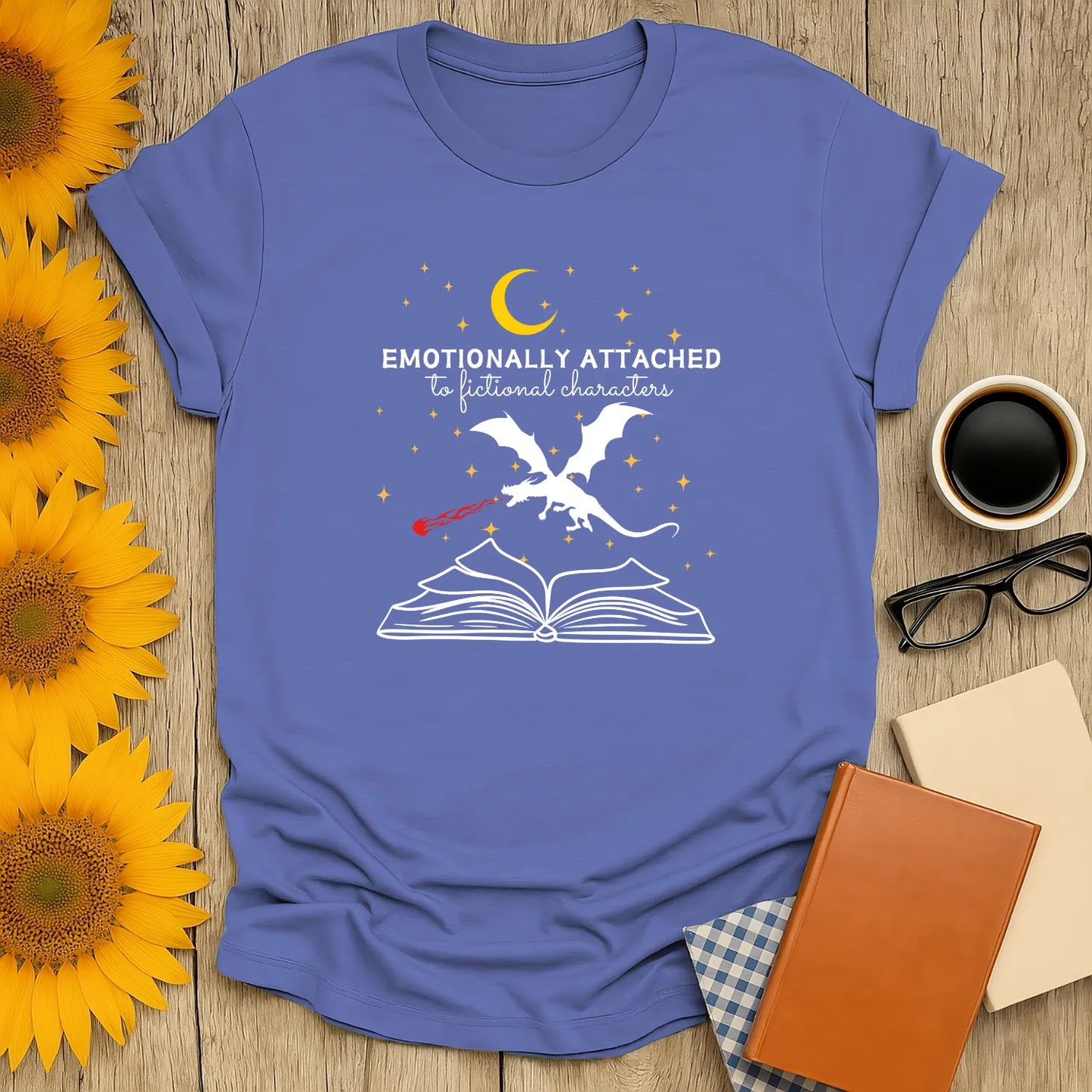 Fictional Characters T-Shirt in relaxed fit features a dragon rising from a book, perfect cozy reading outfit for book lovers 📖.