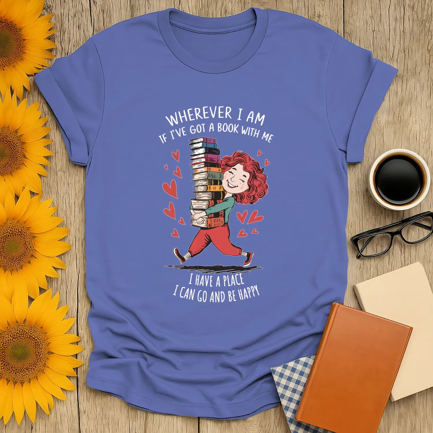 Bookish Escape T-Shirt, relaxed fit unisex shirt for readers, features cheerful character with books, cozy reading outfit 📖