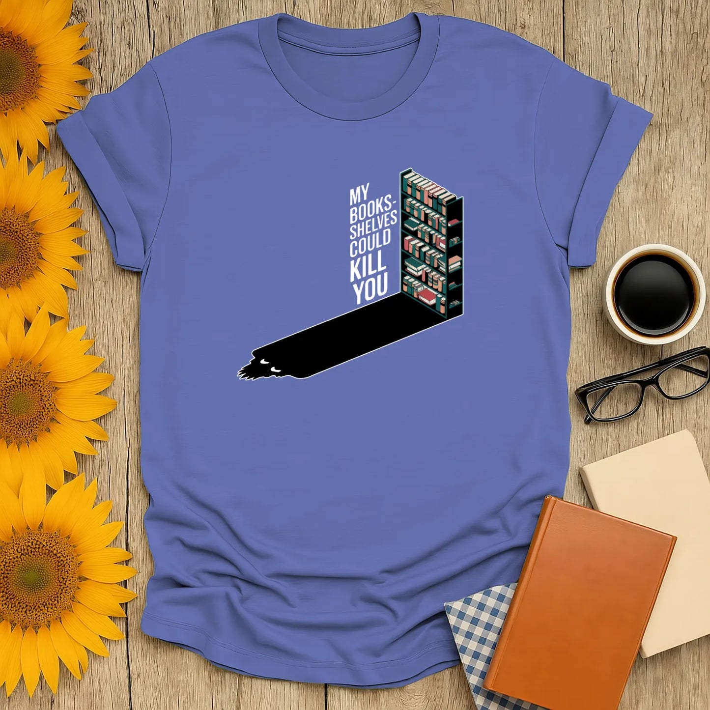 Deadly Bookshelves T-Shirt featuring a bookshelf design, relaxed fit unisex, perfect gift for readers & introverts 📖.