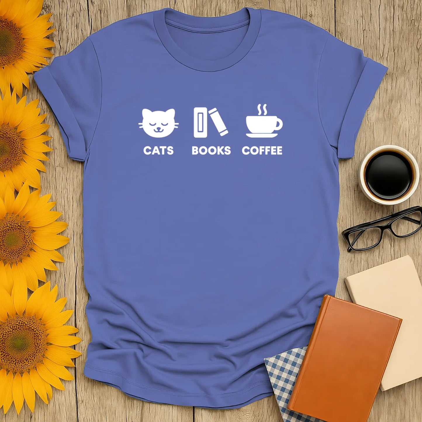Cozy cat reading shirt with icons of a cat, book, and coffee—perfect for book lovers and a great gift for readers.
