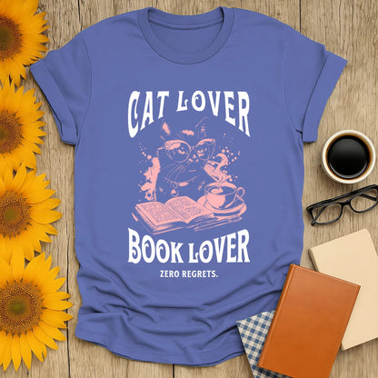 Cat & Book Lover T-Shirt featuring a witty cat in glasses, coffee, and an open book, perfect for cozy reading vibes.