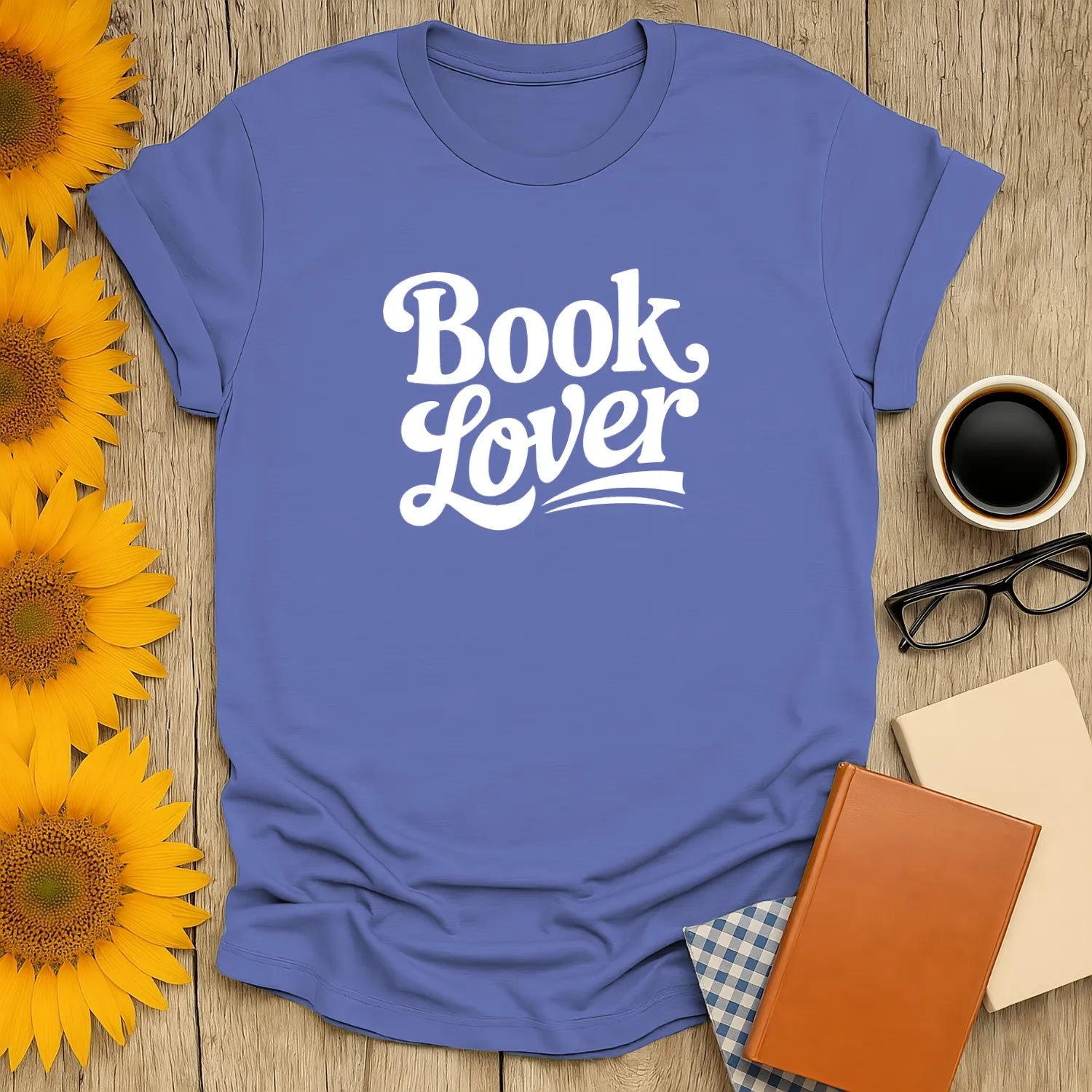 Cozy blue 'Book Lover' t-shirt perfect for reading with coffee and cats. A witty gift for bookworms!