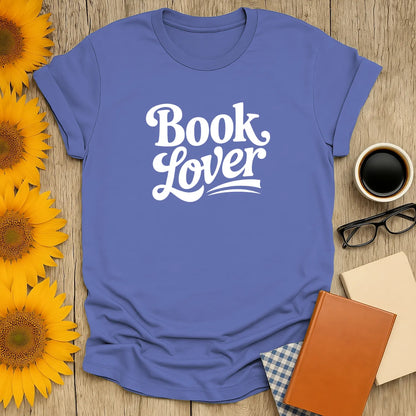 Cozy blue 'Book Lover' t-shirt perfect for reading with coffee and cats. A witty gift for bookworms!