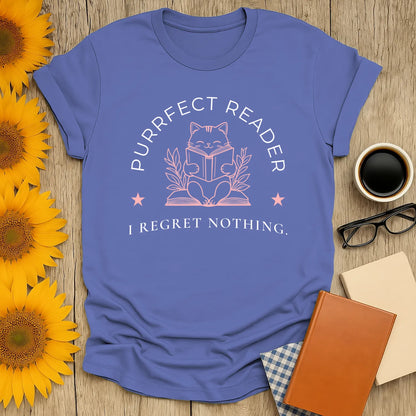 Purrfect Reader 2 T-Shirt with a cute cat reading and text 'I Regret Nothing', perfect for book lovers and gifts for readers.