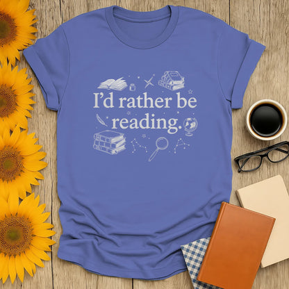 Rather Be Reading 2 T-Shirt features bookish icons and the text 'I’d rather be reading'—a cozy choice for book lovers.