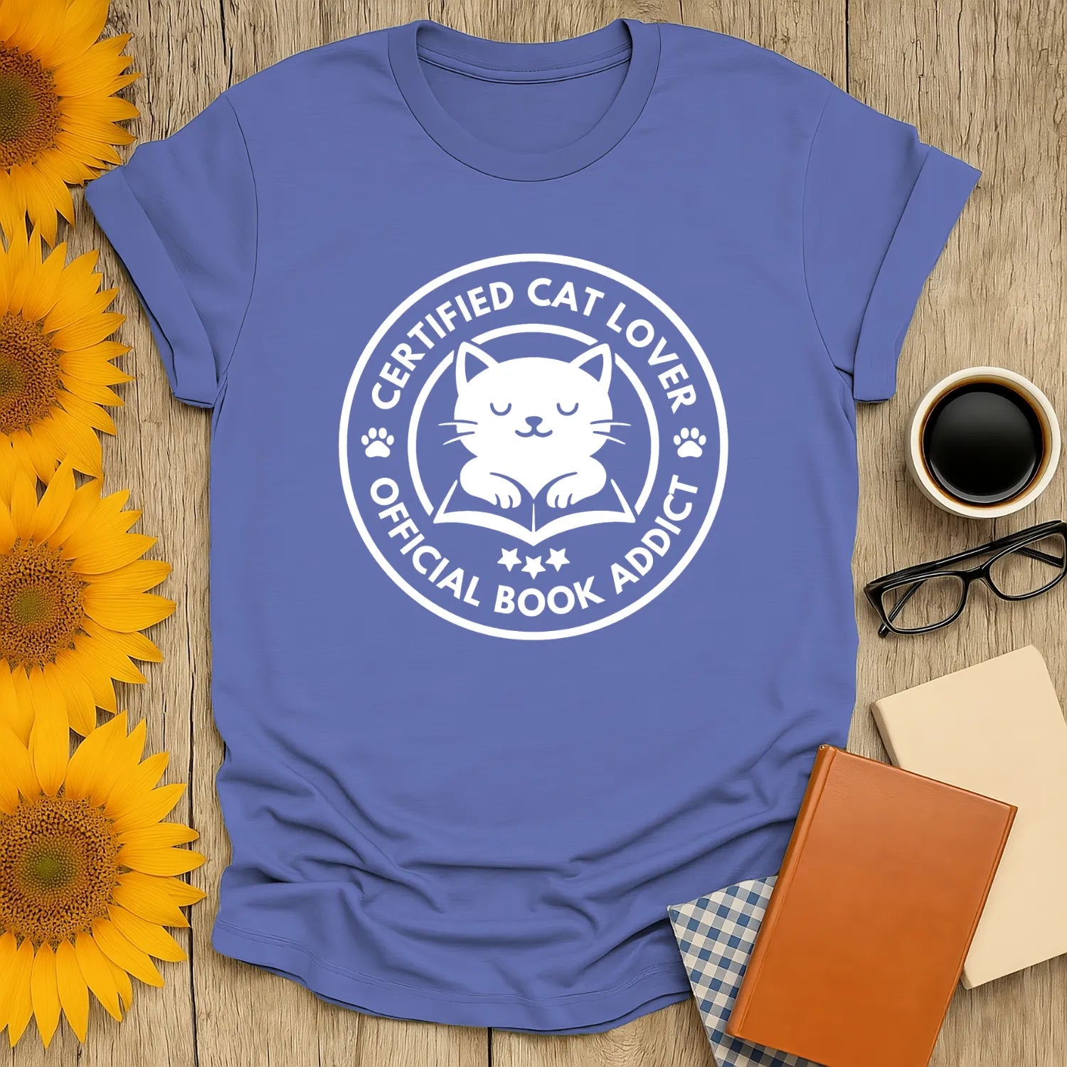 Blue Certified Cat Lover t-shirt featuring a playful cat design and text, ideal for readers and cat lovers, perfect cozy book gift.