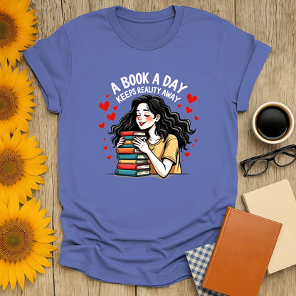 Bookish Romance T-Shirt featuring an illustrated woman with books, relaxed fit unisex tee, cozy reading outfit for book lovers 📖.