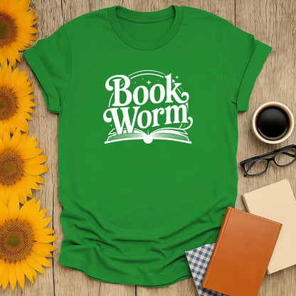 Cozy Bookworm T-Shirt with playful design for book lovers, perfect gift for tea and cat fans.