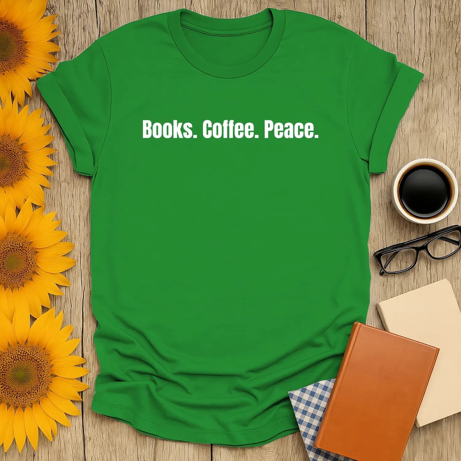 Bright green t-shirt with the text 'Books. Coffee. Peace.' cozy vibes for book lovers, a perfect gift for readers.