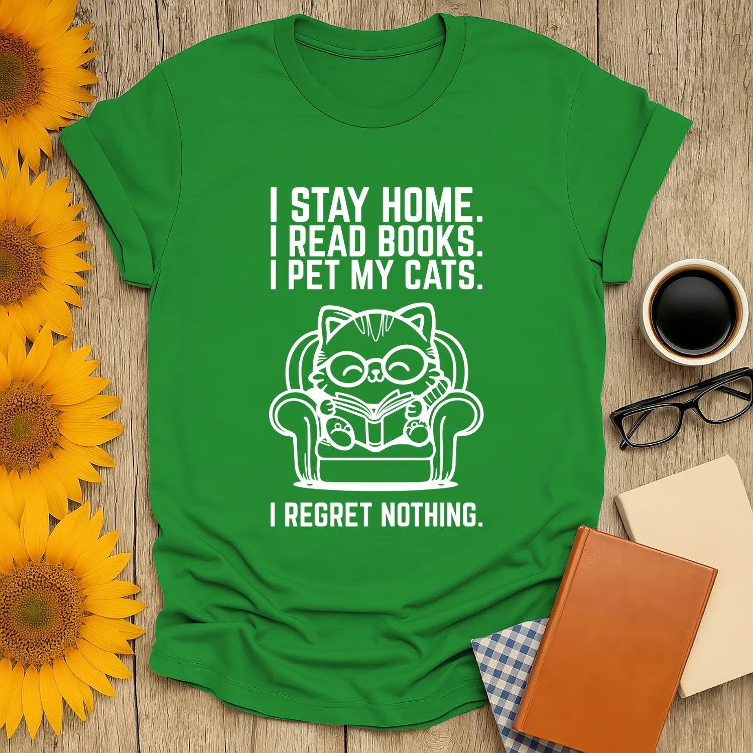 Funny t-shirt featuring a cozy cat reading, perfect gift for book lovers and cat enthusiasts.