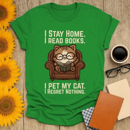 Armchair Cat Reader T-Shirt featuring a cozy cat in glasses reading on a couch with text about staying home and cat love.