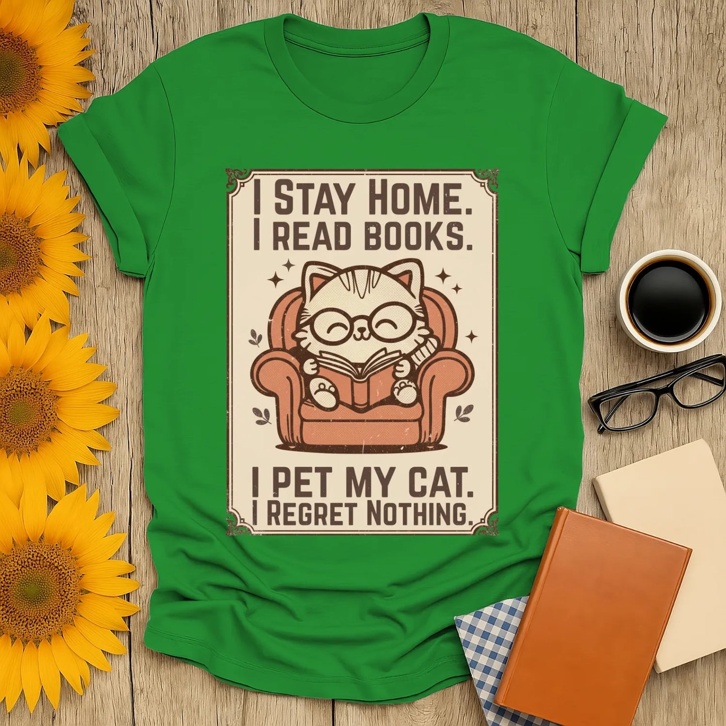 Poster Cat Reader T-Shirt featuring a charming cat in glasses reading on a cozy armchair, perfect for book lovers who adore cats.