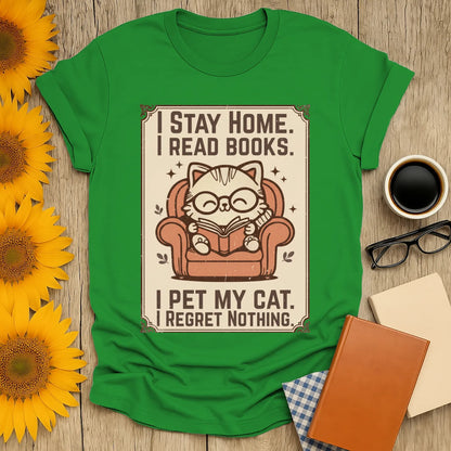 Poster Cat Reader T-Shirt featuring a charming cat in glasses reading on a cozy armchair, perfect for book lovers who adore cats.