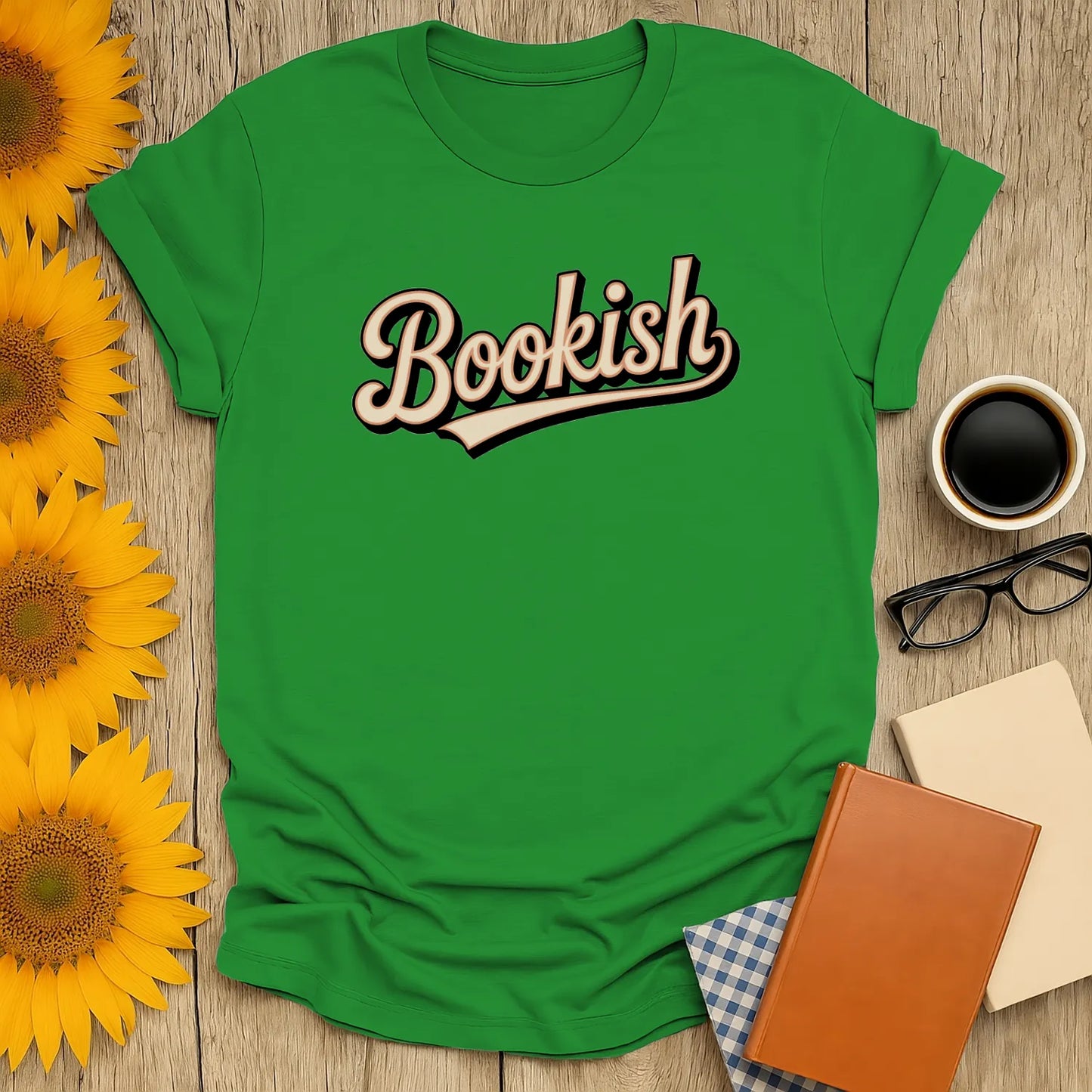 Boldly Bookish T-Shirt in vibrant green, featuring playful 'Bookish' text, a cozy tee for cat, coffee, and tea lovers.