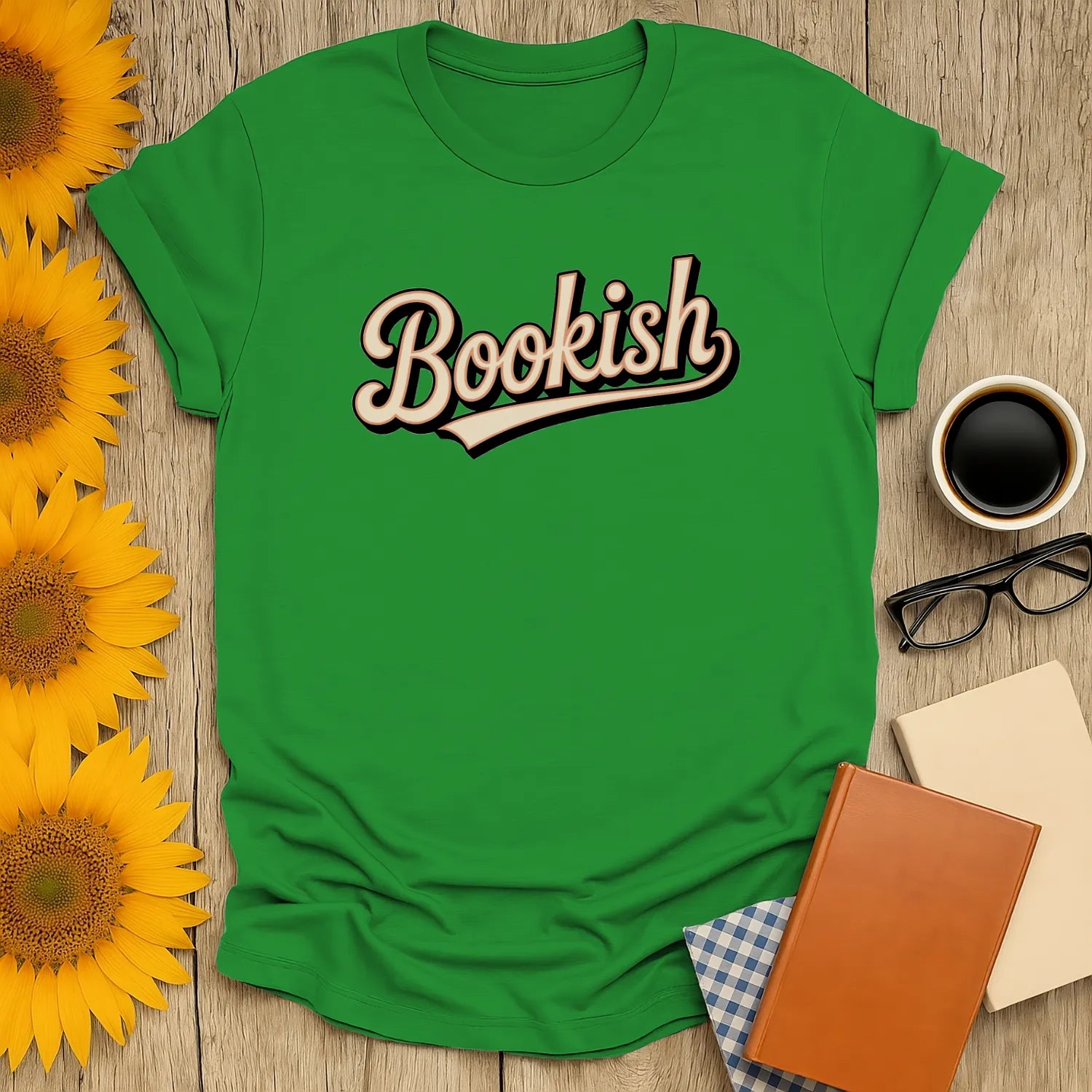 Boldly Bookish T-Shirt in vibrant green, featuring playful 'Bookish' text, a cozy tee for cat, coffee, and tea lovers.