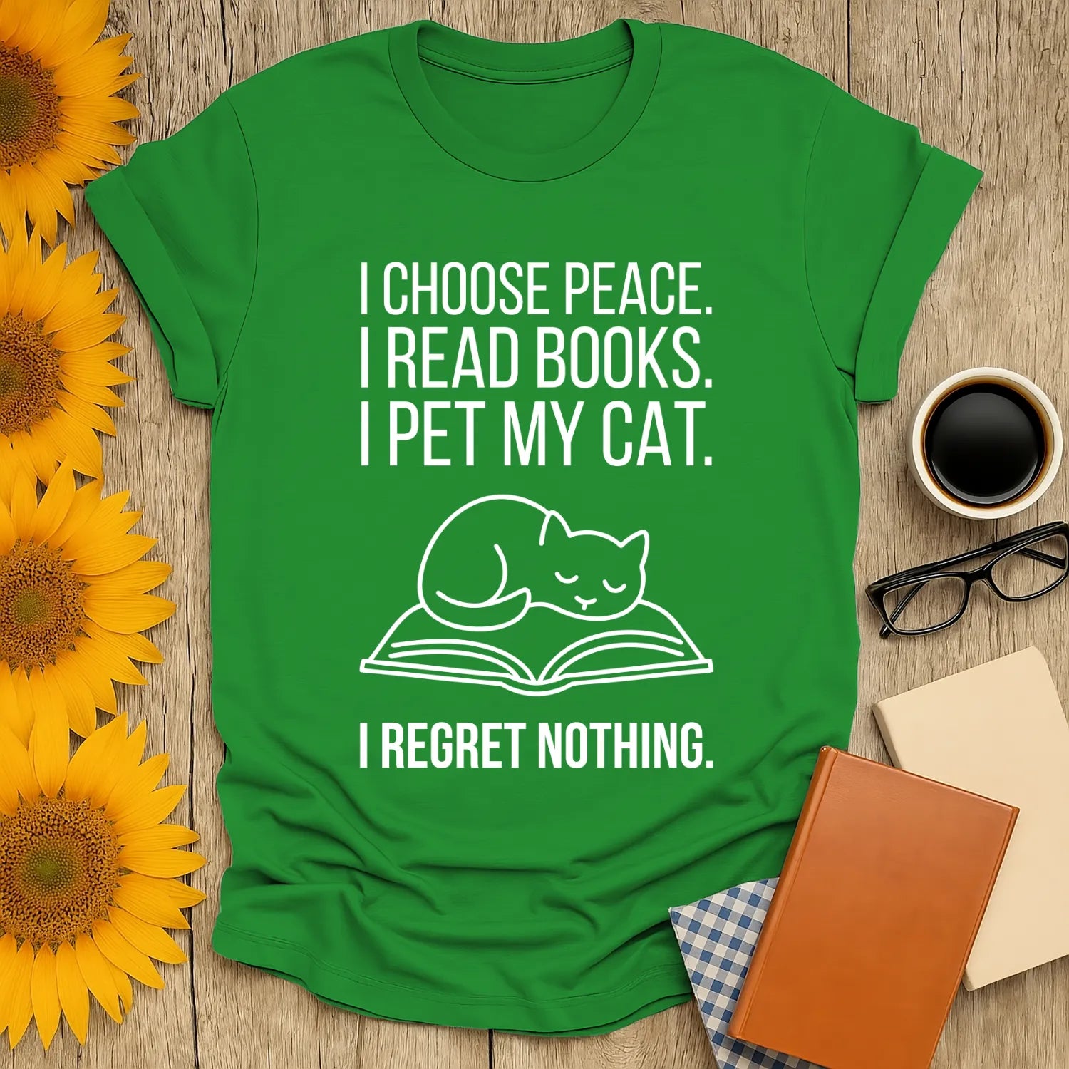 Bright green book lover shirt with a cat on an open book and funny text, perfect gift for readers who enjoy cats and cozy reads.
