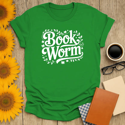 Bright green 'Book Worm' t-shirt with playful text, perfect for cozy readers who love cats, coffee, or tea.
