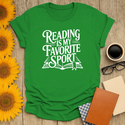 Bright green t-shirt featuring the phrase 'Reading is My Favorite Sport' in playful font, perfect for book lovers.