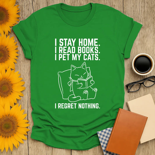 Stay Home, Pet Cats T-Shirt with a cat reading a book, perfect gift for book lovers and cat enthusiasts.