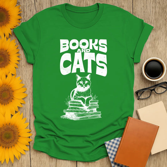 Books & Cats Club T-Shirt featuring a cat on stacked books, perfect for book lovers who adore cozy vibes and feline friends.