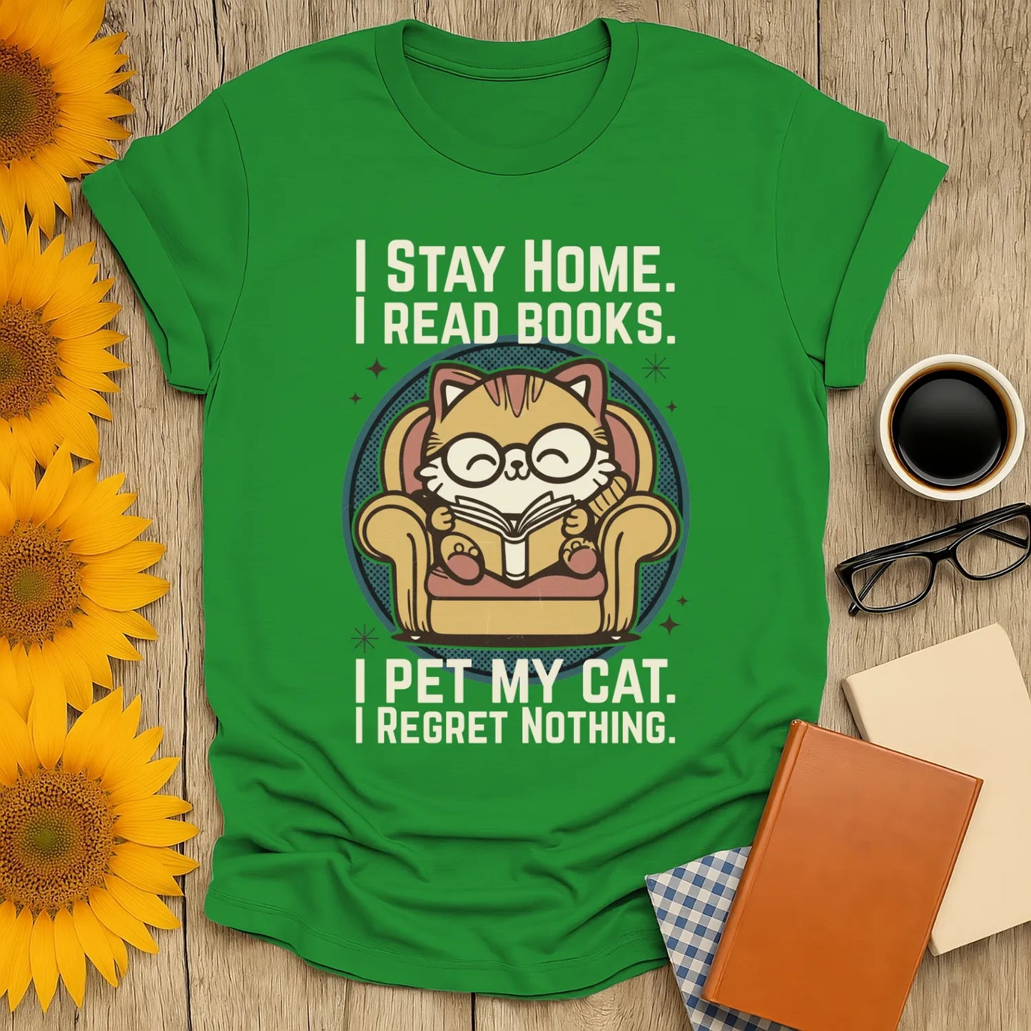 Retro Cat Reader T-Shirt: Cozy green tee with a glasses-wearing cat reading, perfect for book lovers and cat enthusiasts.
