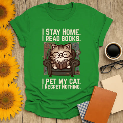 Cozy Library Cat Reader T-Shirt featuring a cute cat in glasses reading, perfect for book lovers and cat enthusiasts.