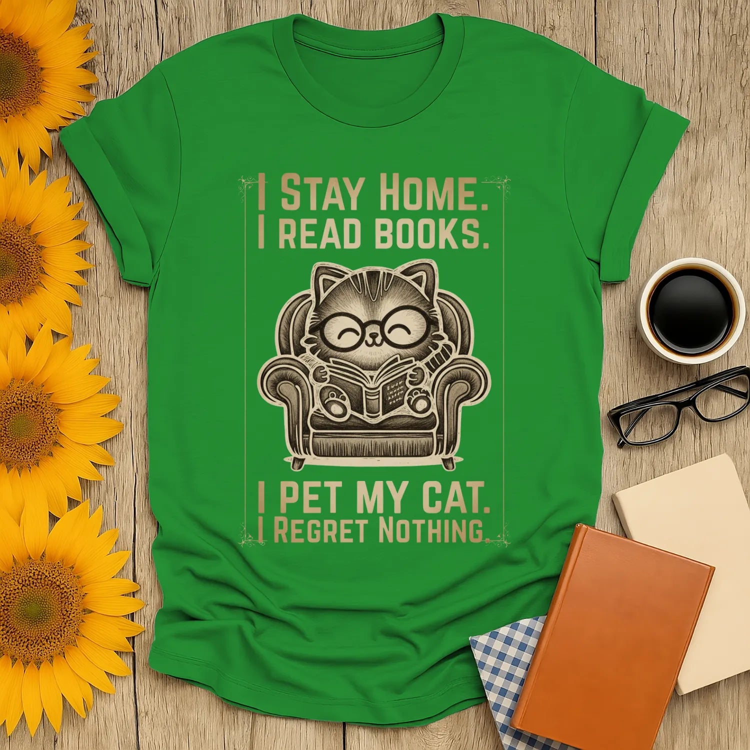 Vintage Cat Reader T-Shirt featuring a cozy cat illustration reading on a chair, perfect for book lovers and cat fans alike.