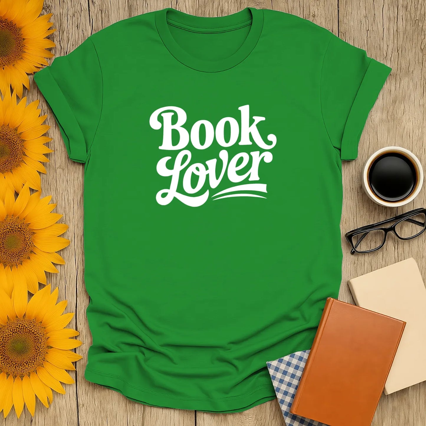 Cozy green Book Lover T-Shirt, ideal for bookworms, featuring playful text; a perfect gift for readers who adore coffee and cats!