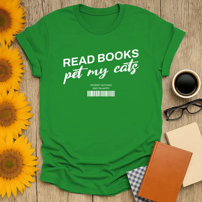 Barcode Reader T-Shirt featuring playful text 'READ BOOKS pet my cats' and a quirky barcode, perfect for book lovers and cat enthusiasts.