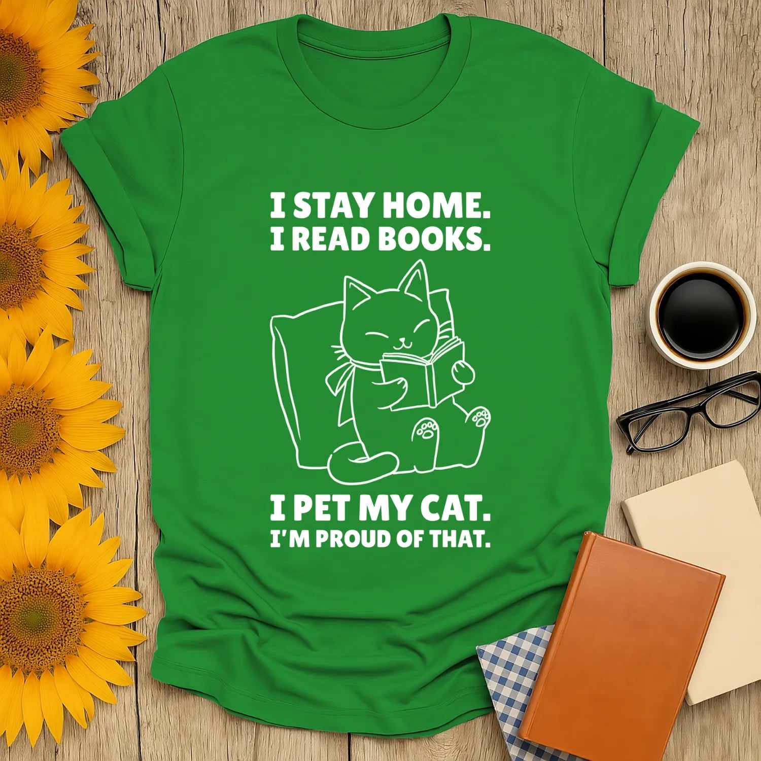 Cozy green t-shirt featuring a playful cat illustration and funny reading quotes, perfect for book lovers and cat enthusiasts.