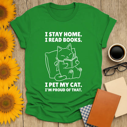 Cozy green t-shirt featuring a playful cat illustration and funny reading quotes, perfect for book lovers and cat enthusiasts.