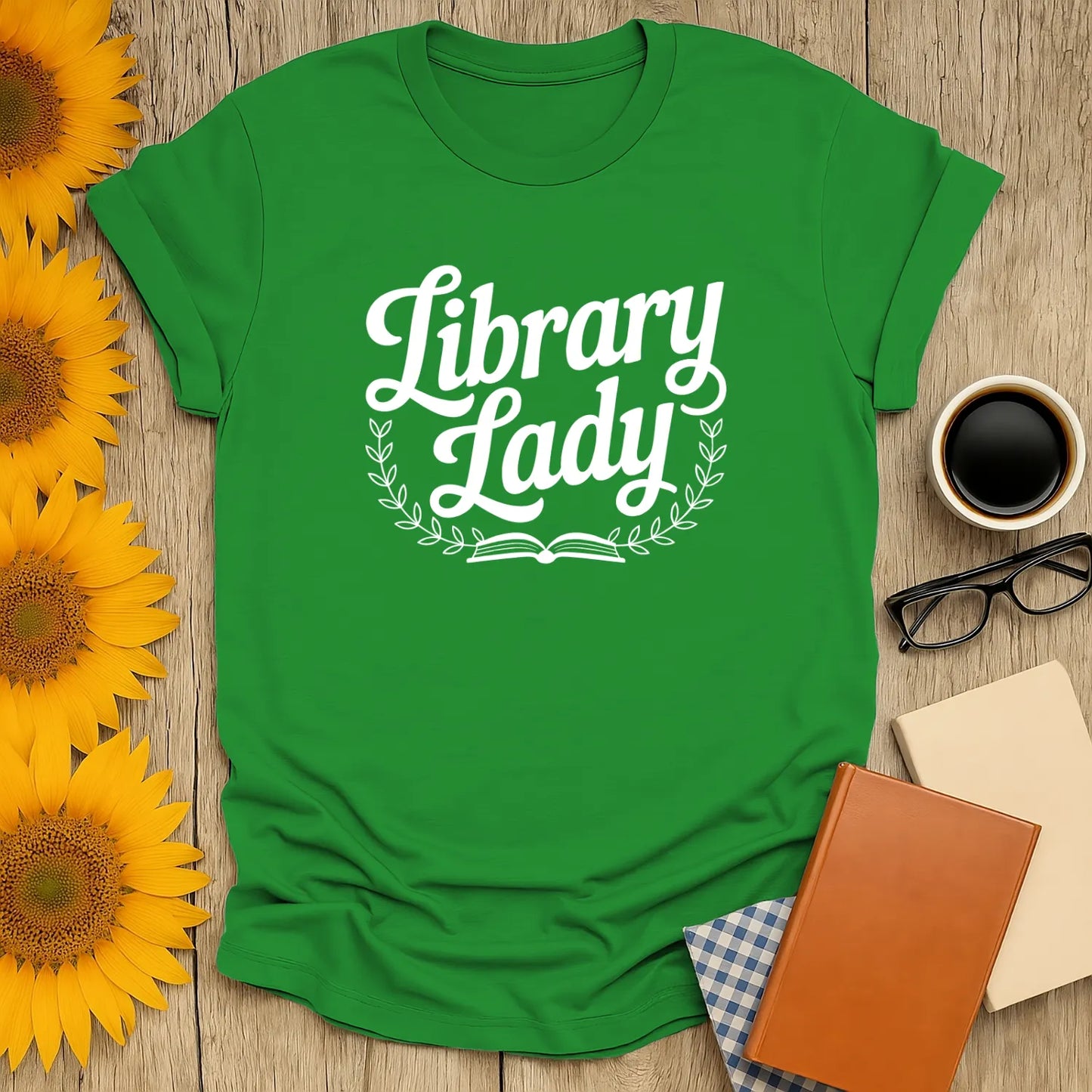 Library Lady shirt in vibrant green, perfect for book lovers who enjoy cats, coffee, or tea. A funny reading tee for all ages!