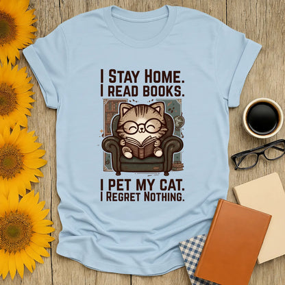 Library Cat Reader T-Shirt featuring a cozy cat in glasses reading in an armchair with bookish humor text, perfect for cat-loving bookworms.