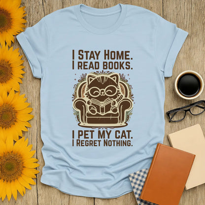 Ornament Cat Reader T-Shirt featuring a cat in glasses reading in an armchair, surrounded by bookish humor and cozy vibes.
