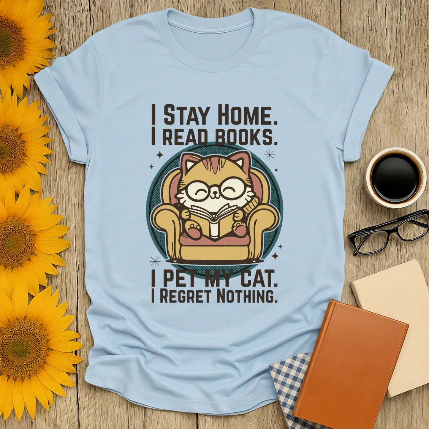 Retro Cat Reader T-Shirt featuring a cat in glasses reading on a chair, perfect for book lovers and gift ideas.