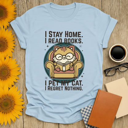 Retro Cat Reader T-Shirt featuring a cat in glasses reading on a chair, perfect for book lovers and gift ideas.