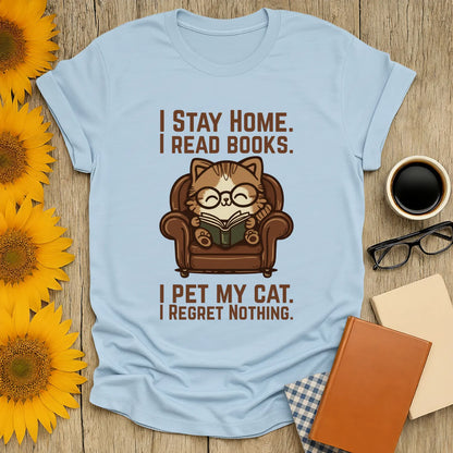 Armchair Cat Reader T-Shirt with a cozy cat in glasses, text about reading books and enjoying pets, perfect gift for book lovers.