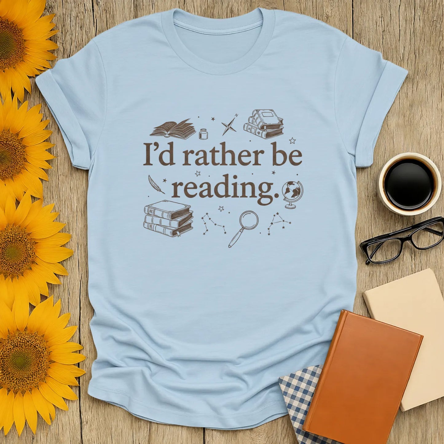 Rather Be Reading 2 T-Shirt featuring the phrase 'I’d rather be reading' with book icons, perfect for cozy book lovers.