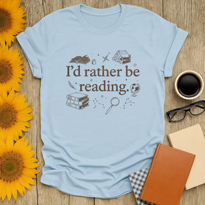 Rather Be Reading 2 T-Shirt featuring the phrase 'I’d rather be reading' with book icons, perfect for cozy book lovers.