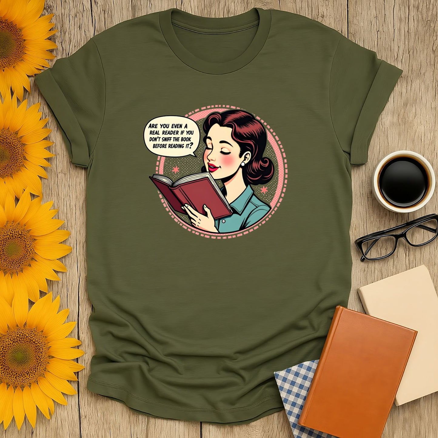 Funny book lover t-shirt: a retro woman reading, with text asking if you're a real reader. Perfect gift for cozy bookworms.