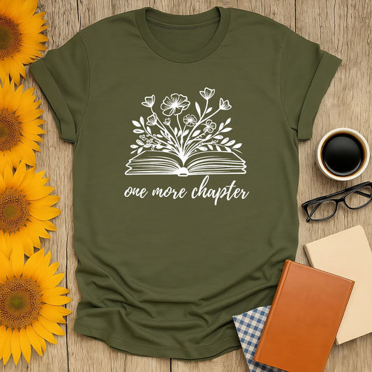 One More Chapter T-Shirt for book lovers, featuring floral design on olive green background, perfect for casual wear.