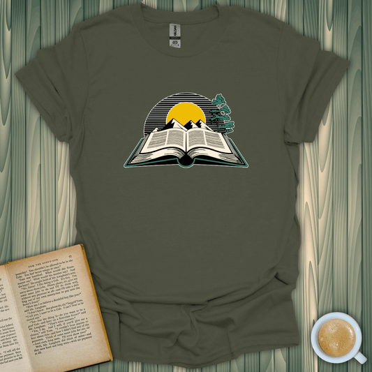 Where Every Story Shines T-Shirt for book lovers, featuring an open book and scenic design on a cozy olive tee.