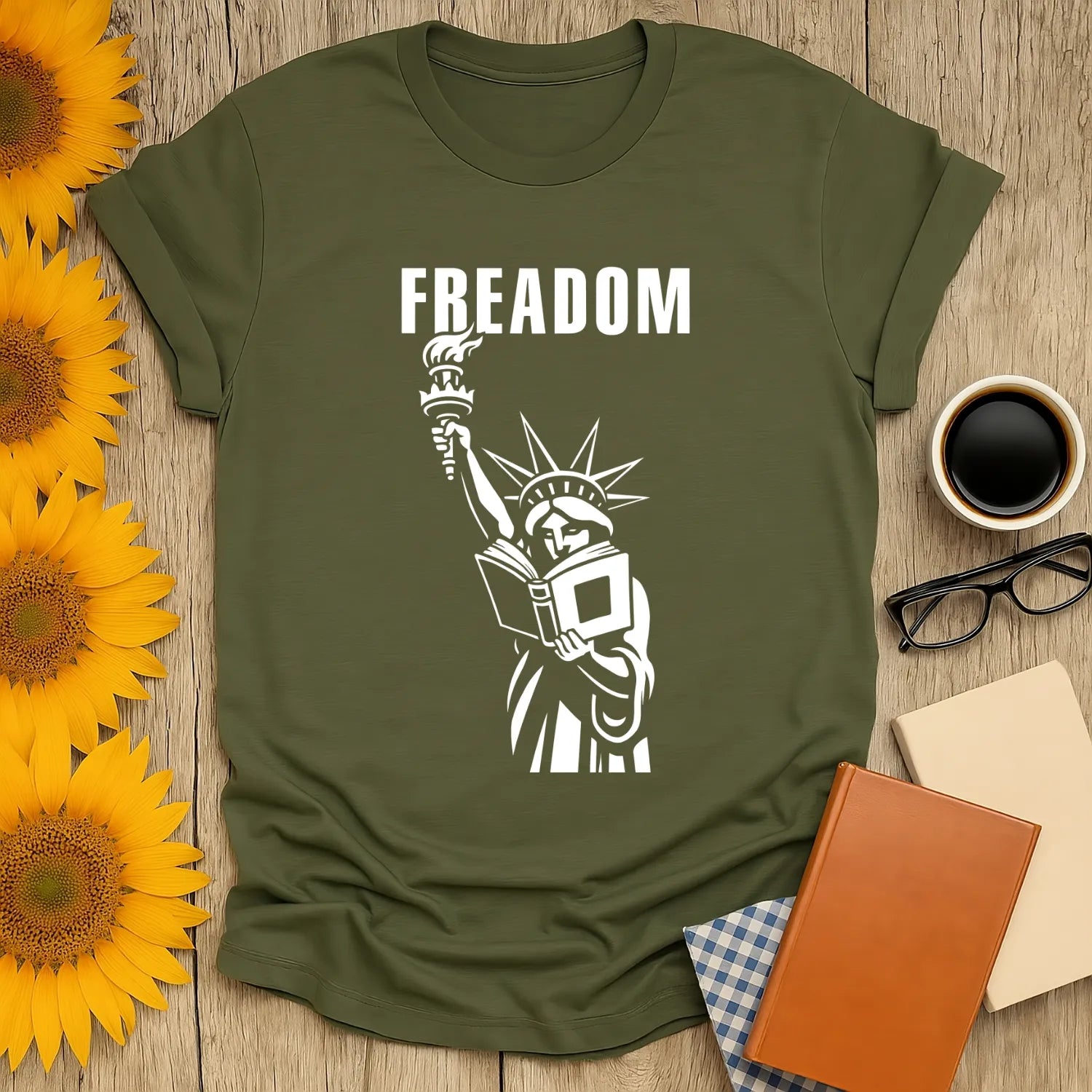 Freadom Statue T-Shirt features Liberty holding a book with the word 'FREADOM', perfect for book lovers and cozy reading vibes.