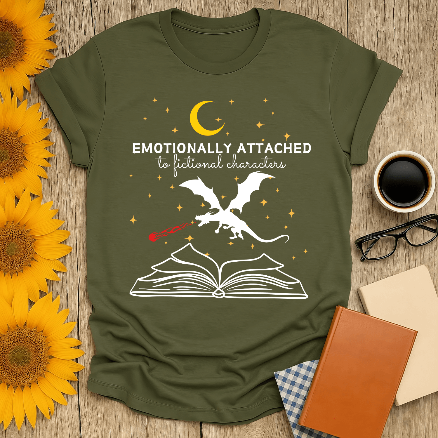 Green t-shirt with 'Emotionally Attached to Fictional Characters' design, perfect for book lovers.