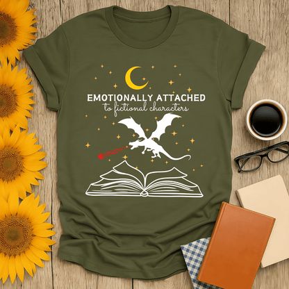 Green t-shirt with 'Emotionally Attached to Fictional Characters' design, perfect for book lovers.