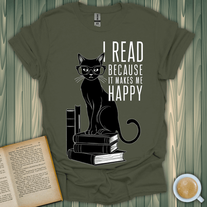 Happy Reading Kitty T-Shirt with a charming cat and book design, perfect for book lovers and cozy reading vibes.