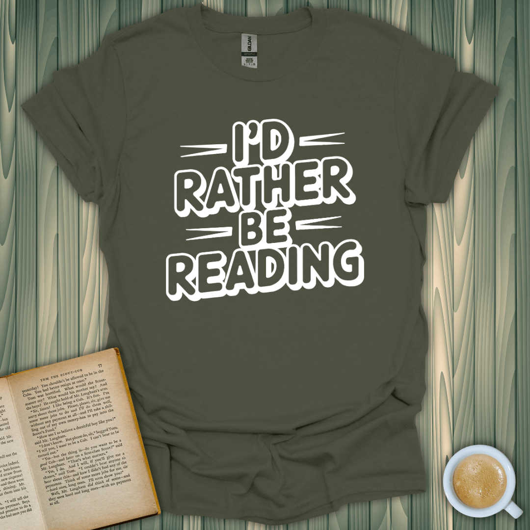 Green unisex t-shirt with 'I'd Rather Be Reading' print, perfect for book lovers who cherish comfy style.