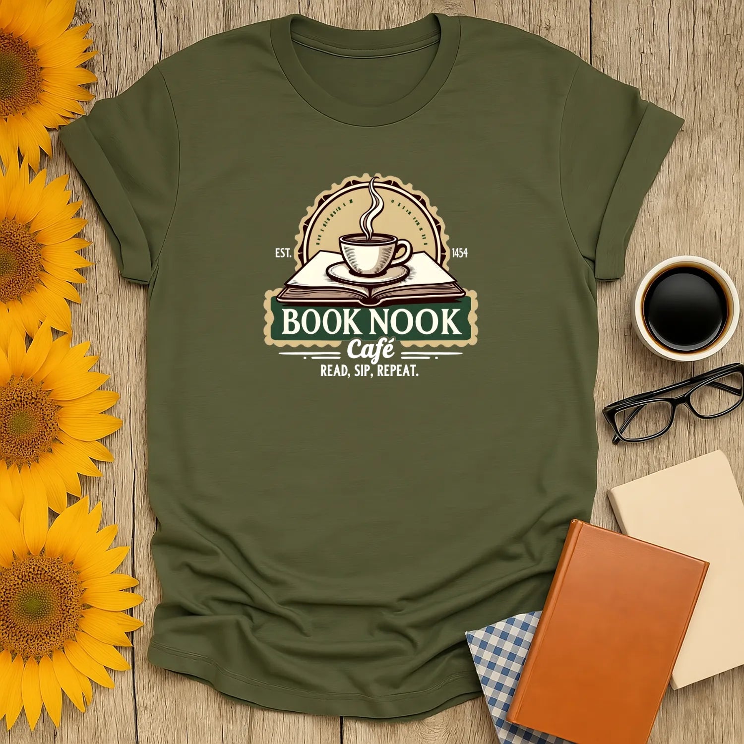Book Nook Vibes T-Shirt featuring a coffee cup and book design, perfect for cozy readers and introverts ☕️📖.